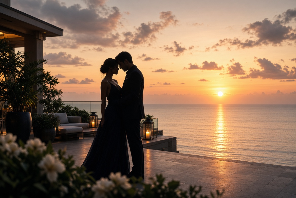 Romantic and milestone trips — couple at sunset overlooking the ocean